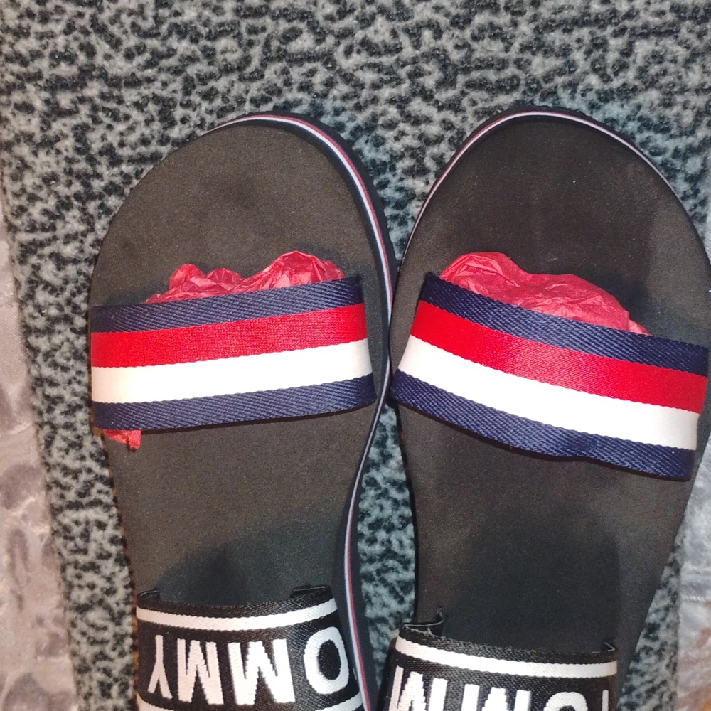 Tommy Hilfiger Black Slides with Red and White Stripes